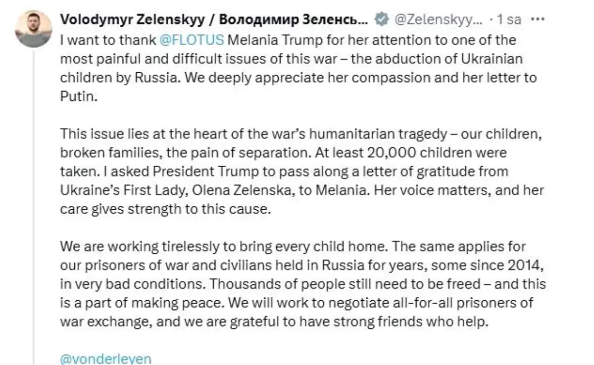 Zelenskiy’den Melania Trump’a Teşekkür